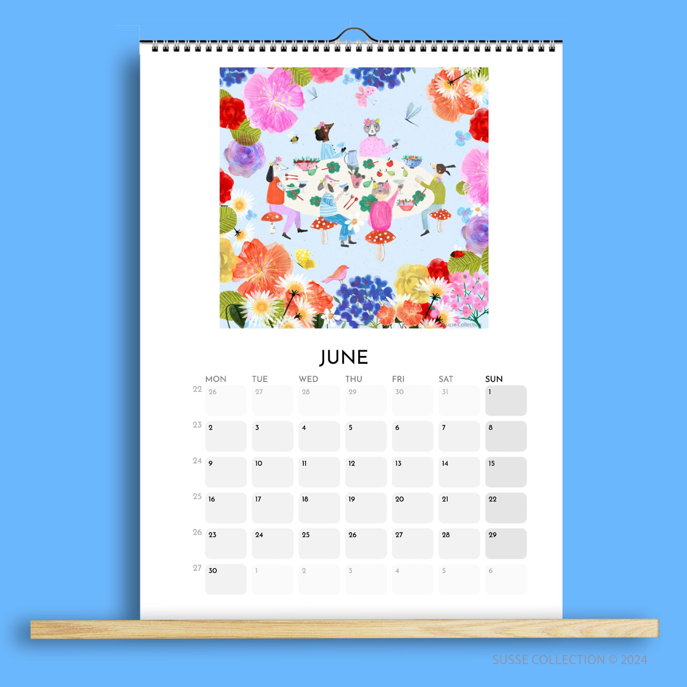 Wall Calendar A3 2025 June page illustrated by Susse Linton