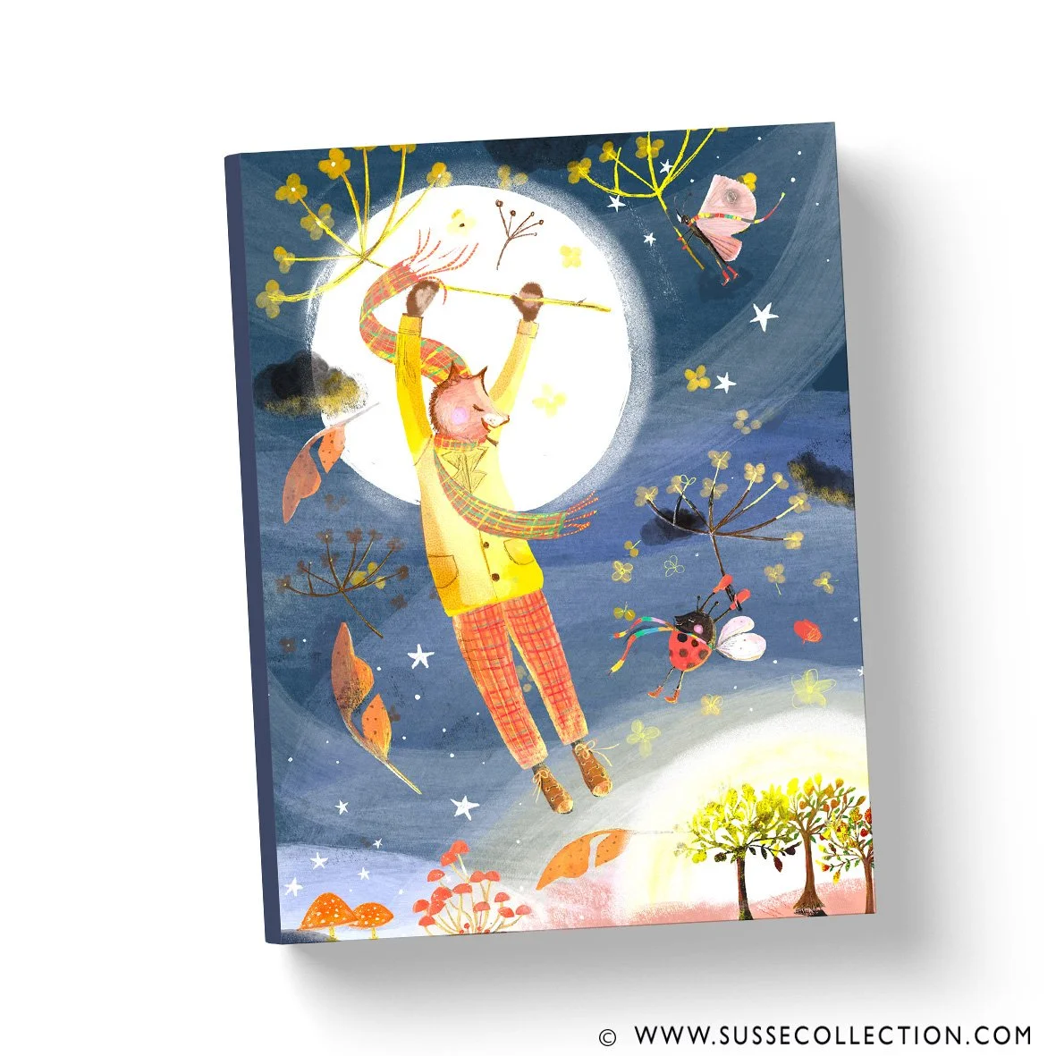 A photograph of an illustration of a squirrel in teh moonlight by illustrator Susse Linton