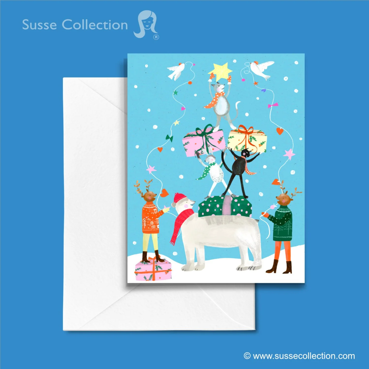 Holiday greeting card featuring mice and reindeer celebrating Christmas, with mice carrying presents on a polar bear, under snow and fairy lights.