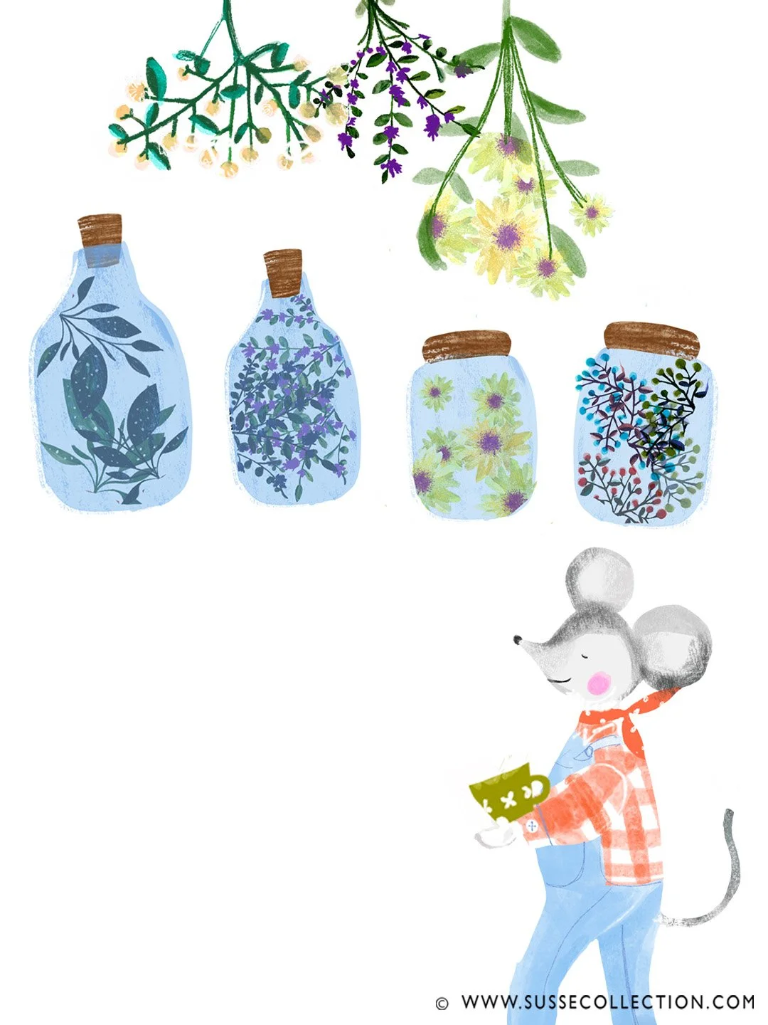 A photograph of an illustration of cute mouse with herbs