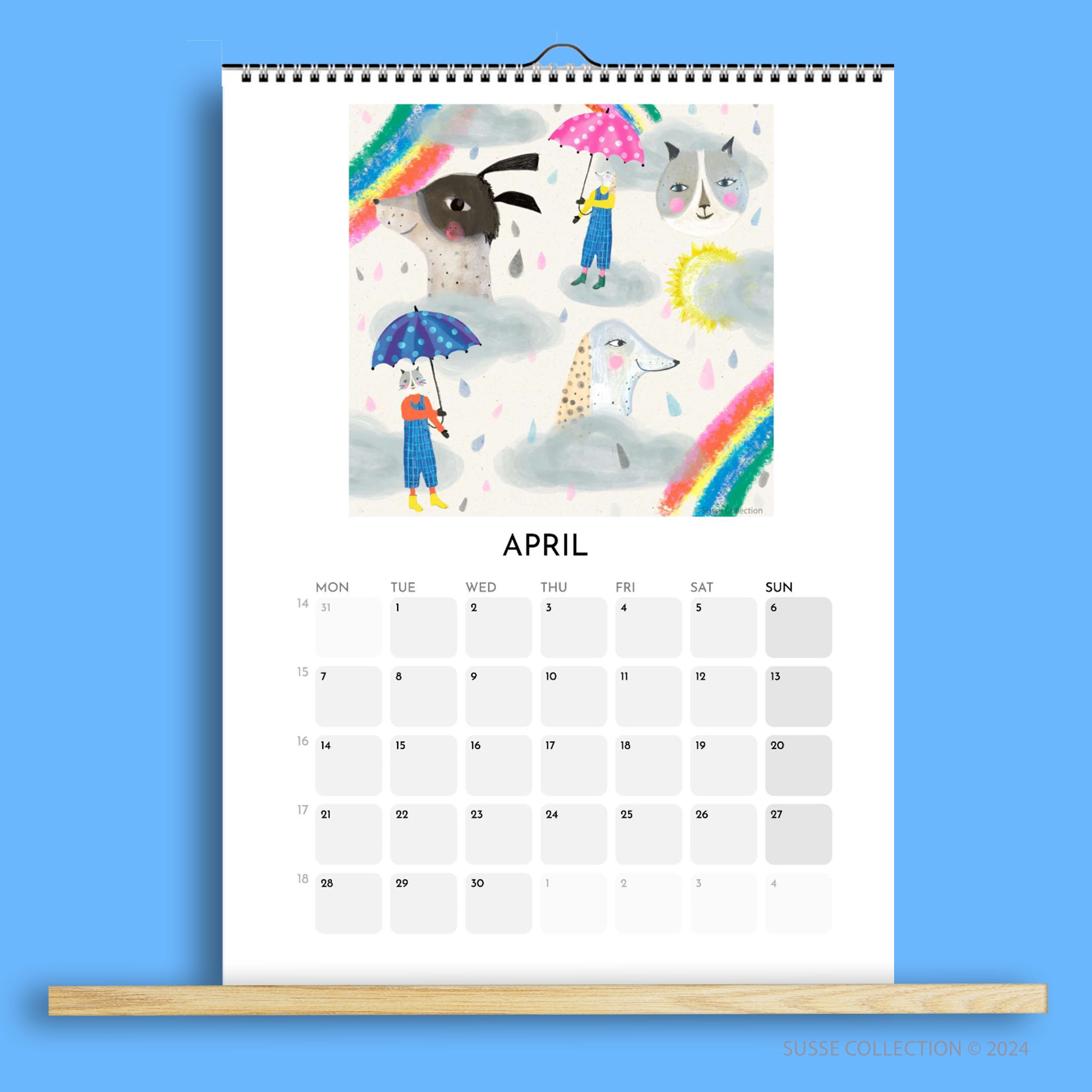 Wall Calendar A3 2025 April page illustrated by Susse Linton