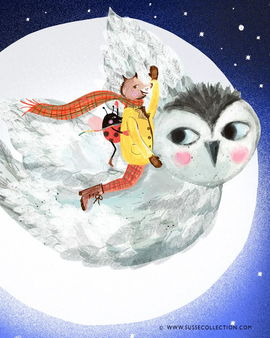 A photgraph of an illustration of an owl with a squirrel and lady bug  and moon by Susse Linton