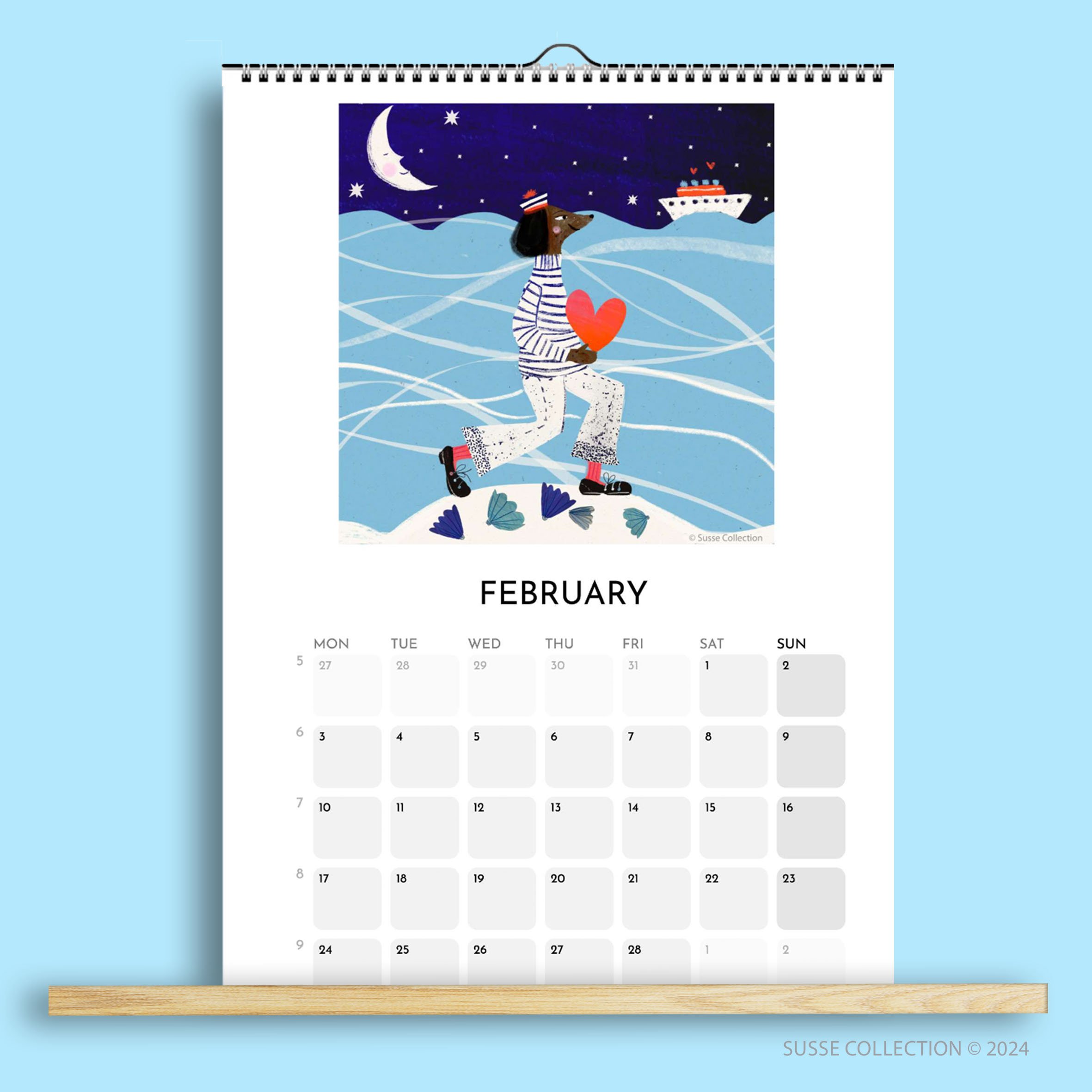 Wall Calendar A3 2025 February page illustrated by Susse Linton