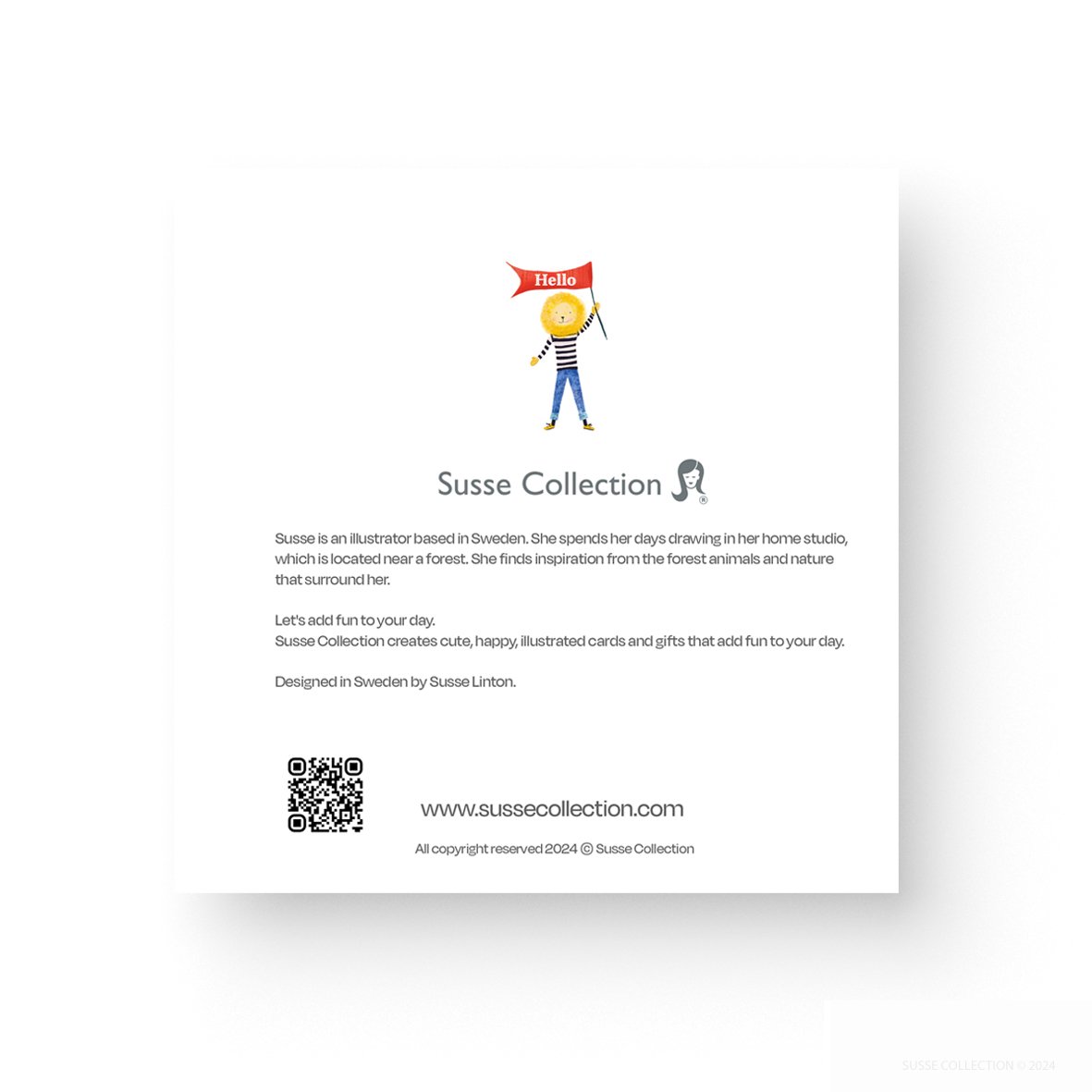 Greeting Card Pack of ten by illustrator Susse Linton for Susse Collection Happy Birthday cards in English back