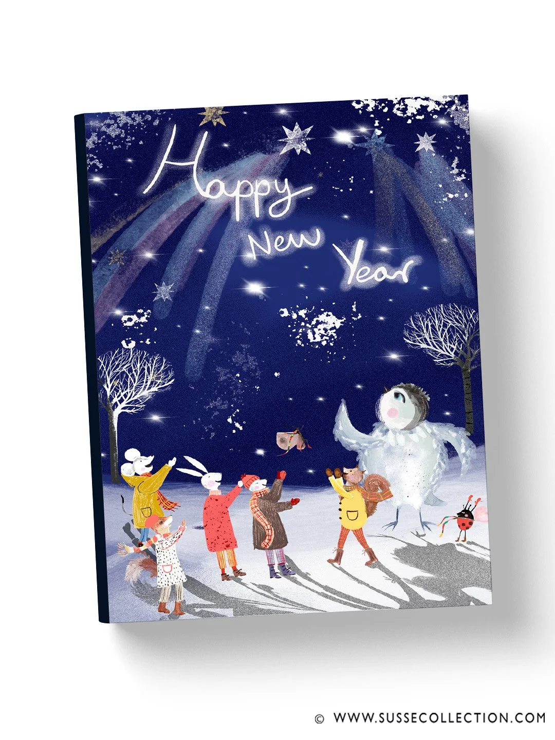 A photograph of an illustration of cute forest animals celebrating new year in a snowy winter scene. Picture book cover