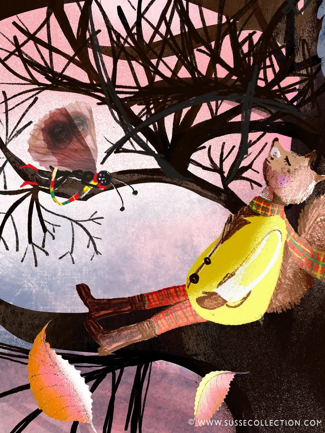 A photograph of a book cover of an illustration of a squirrel and moth by Susse LInton