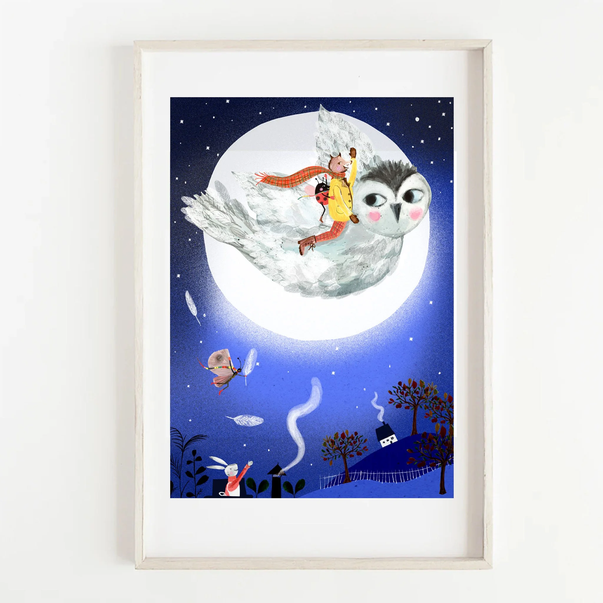 A photgraph of an illustration of an owl and moon  as an art print by Susse Linton
