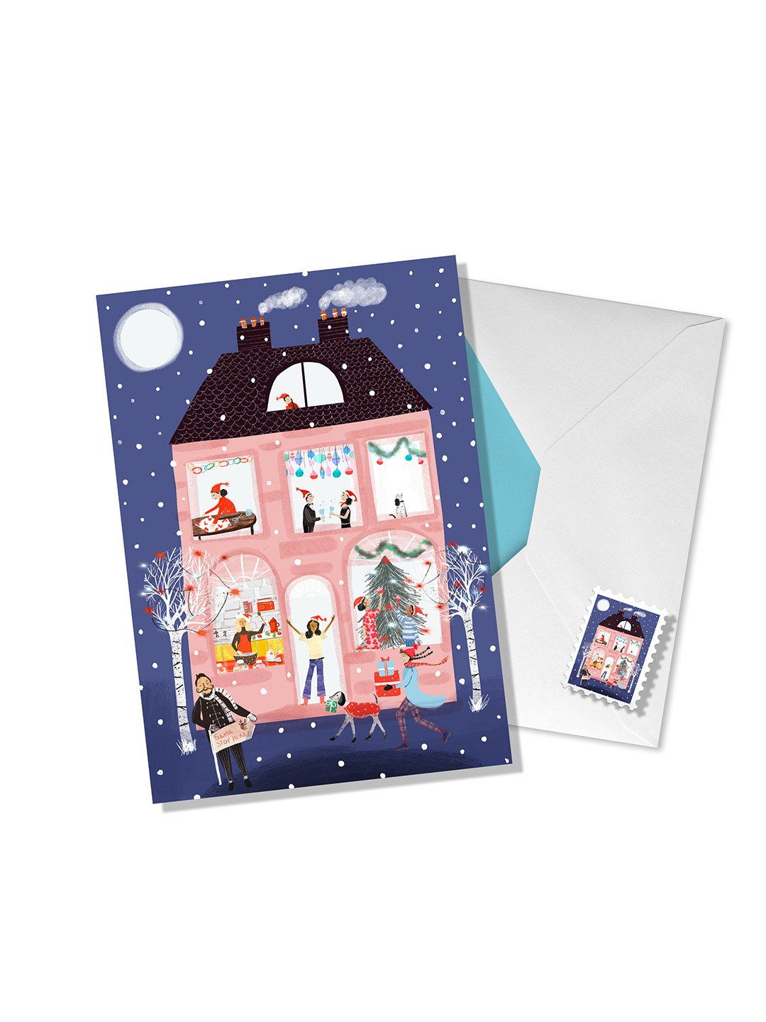 A photograph of an illustration of people getting ready for the night before Christmas greeting card