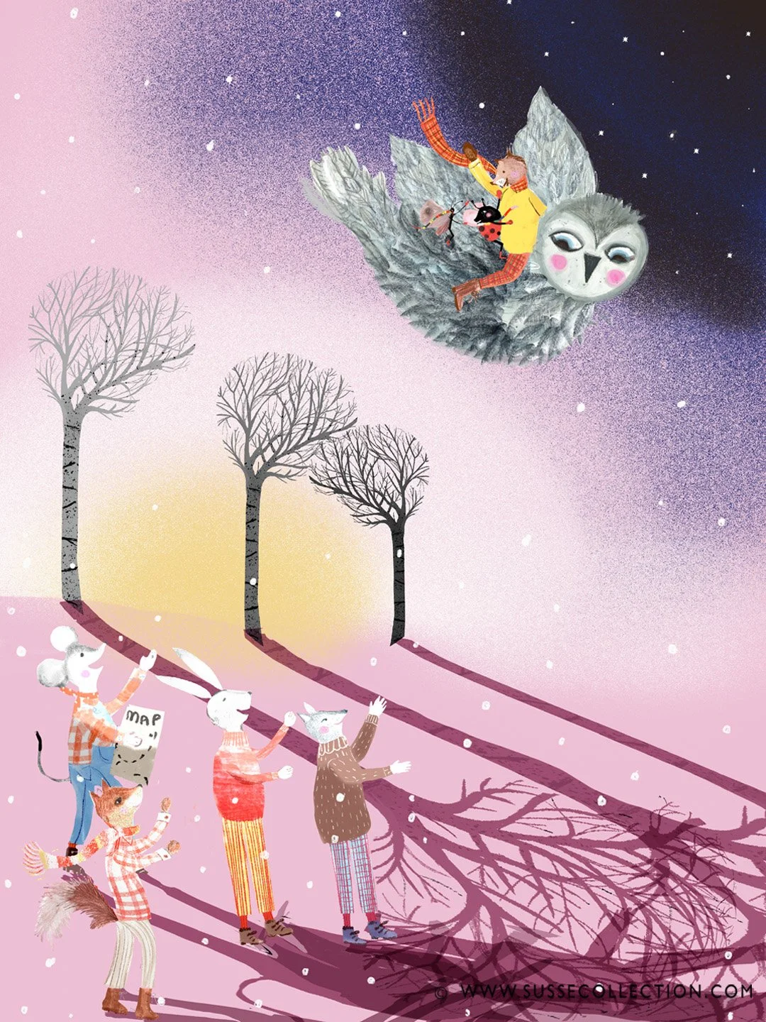 A photogrpah of an illustration showing a winter scene of an owl flying in the night sky