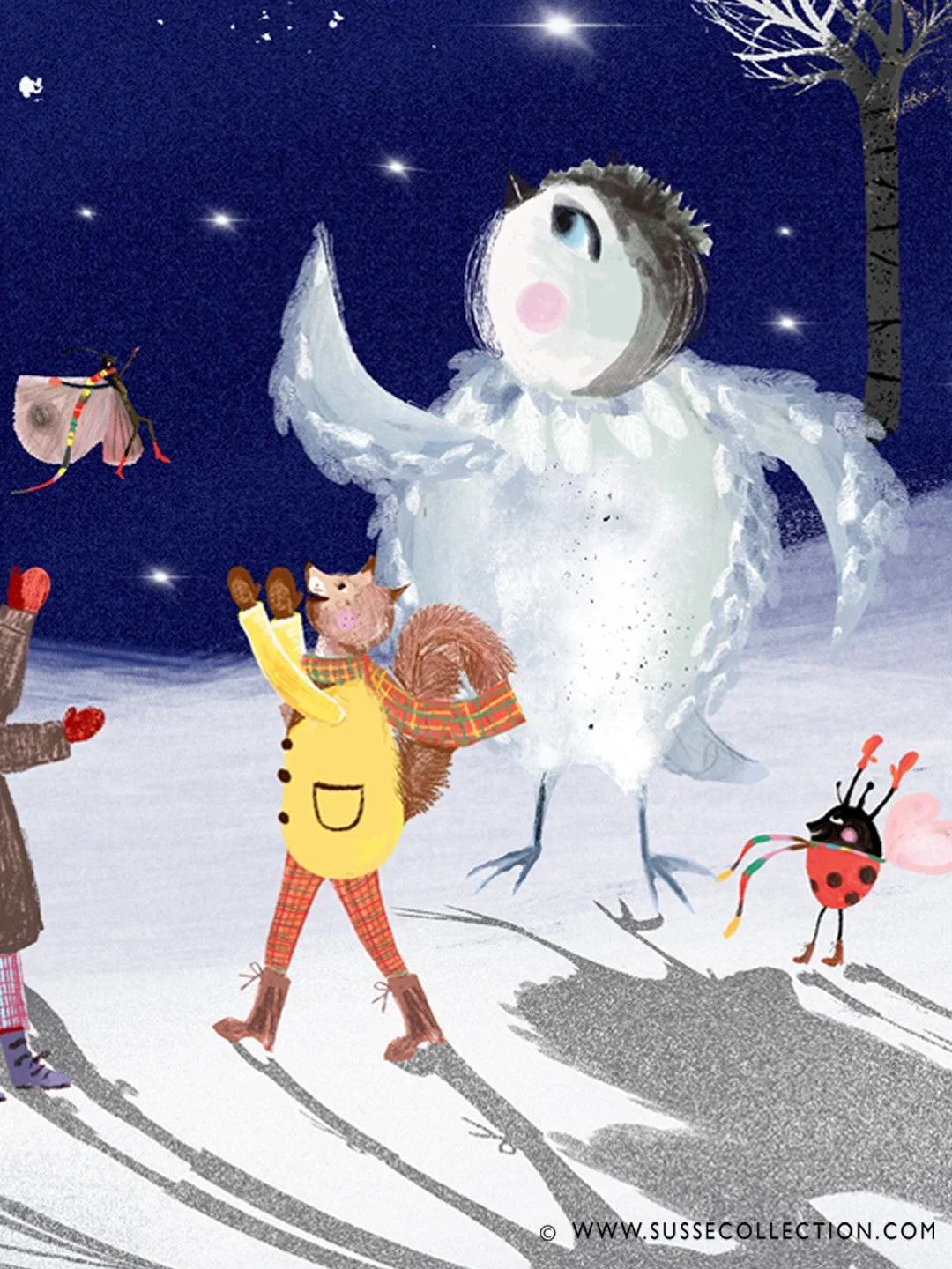 A photograph of an illustration of cute forest animals celebrating new year in a snowy winter scene. Detail