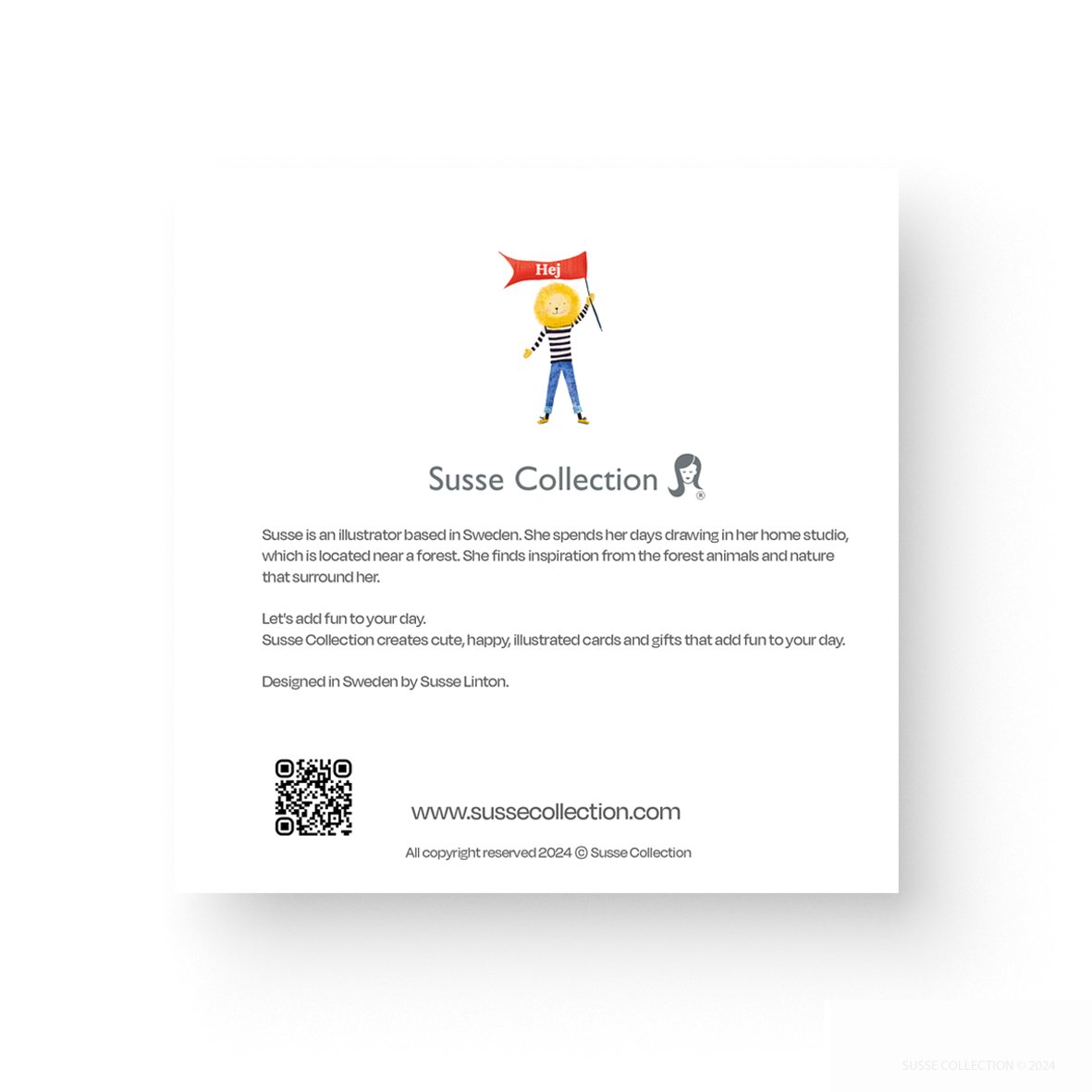 Greeting Card Pack of ten by illustrator Susse Linton for Susse Collection Happy Birthday cards in Swedish back