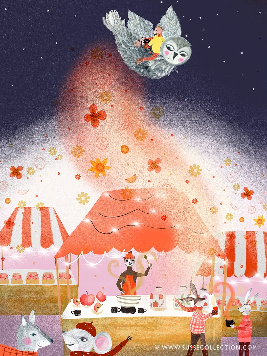 A photograph of an illustration of a Christmas market with cute animals.