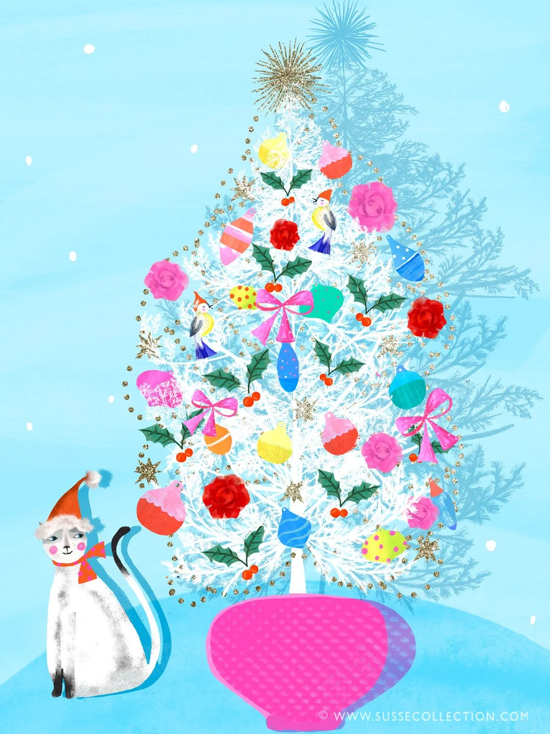 A photograph of a colourful illustration of a cat and mid century Christmas Tree.