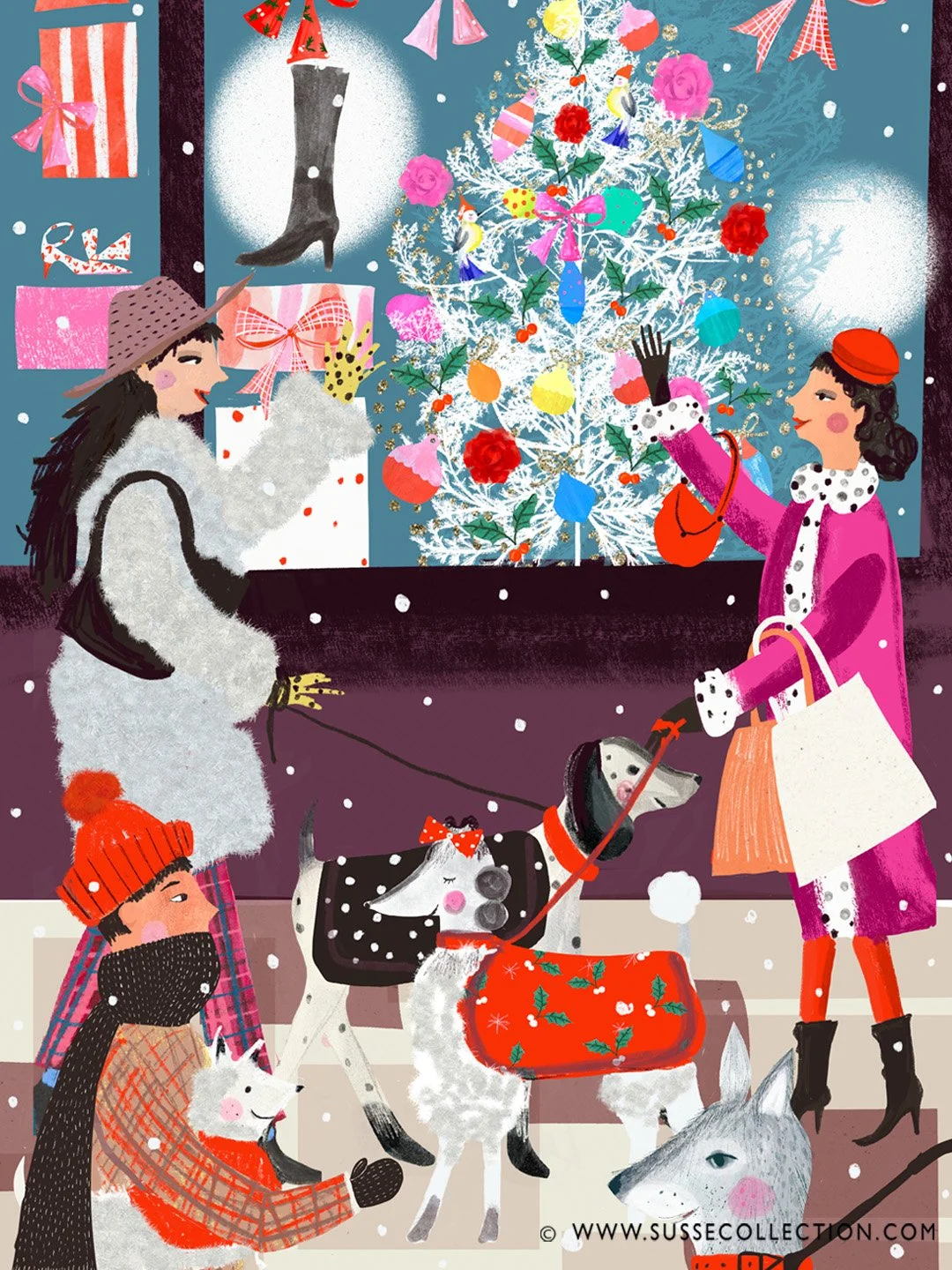 A photograph of an illustration of fashion people Christmas shopping with their dogs.