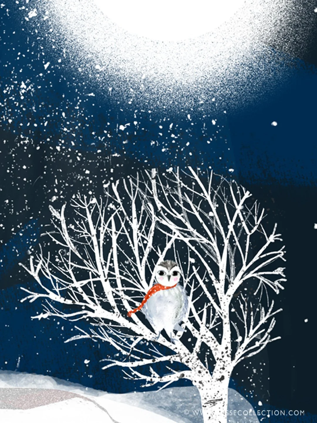 A photograph of an illustration of an owl and winter scene