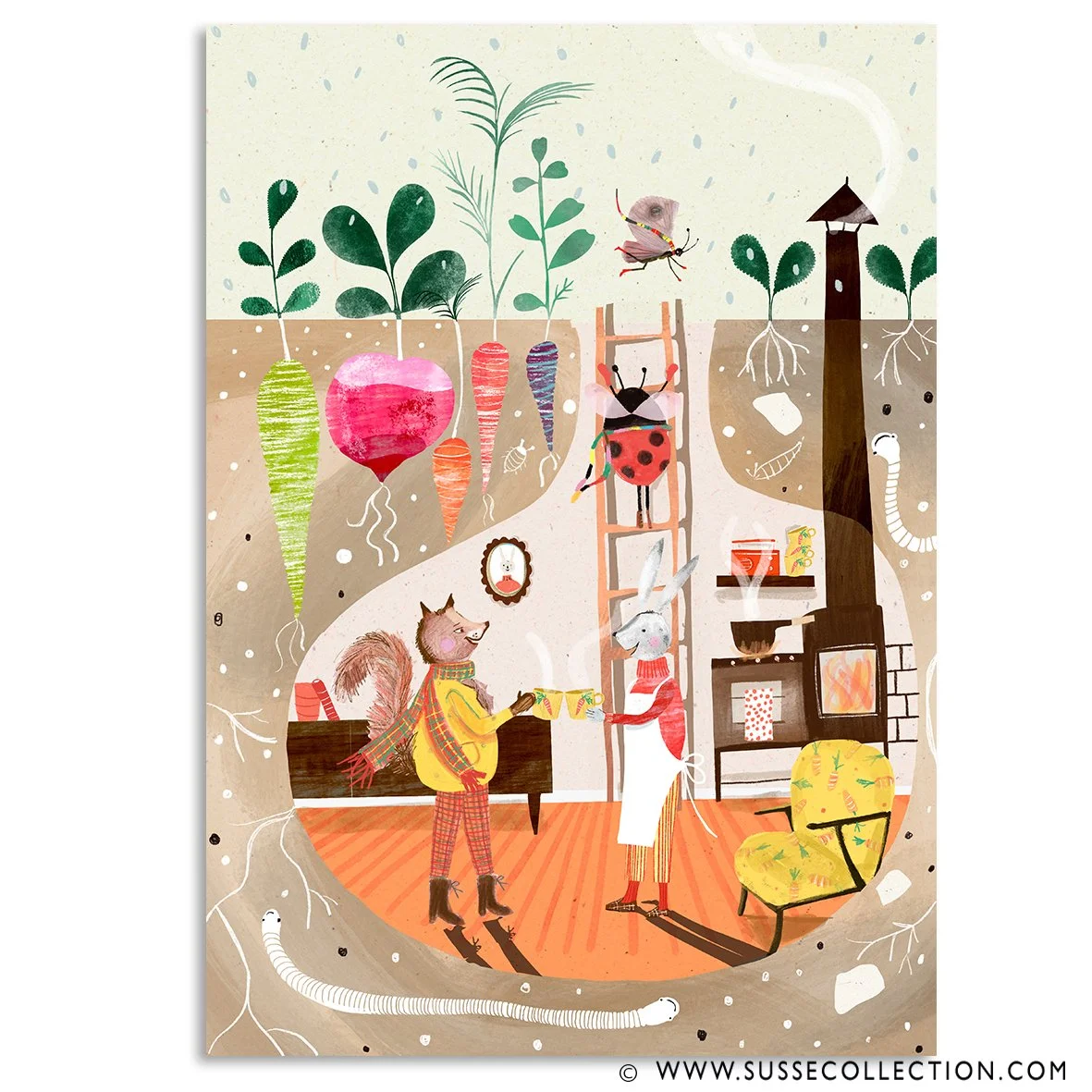 A photograph of an illustration with animals drinking soup by illustrator Susse Linton