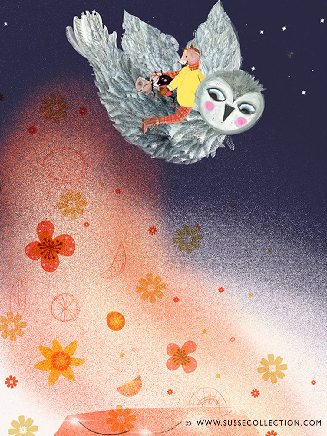 A photograph of an illustration of a Christmas market with cute animals. detail