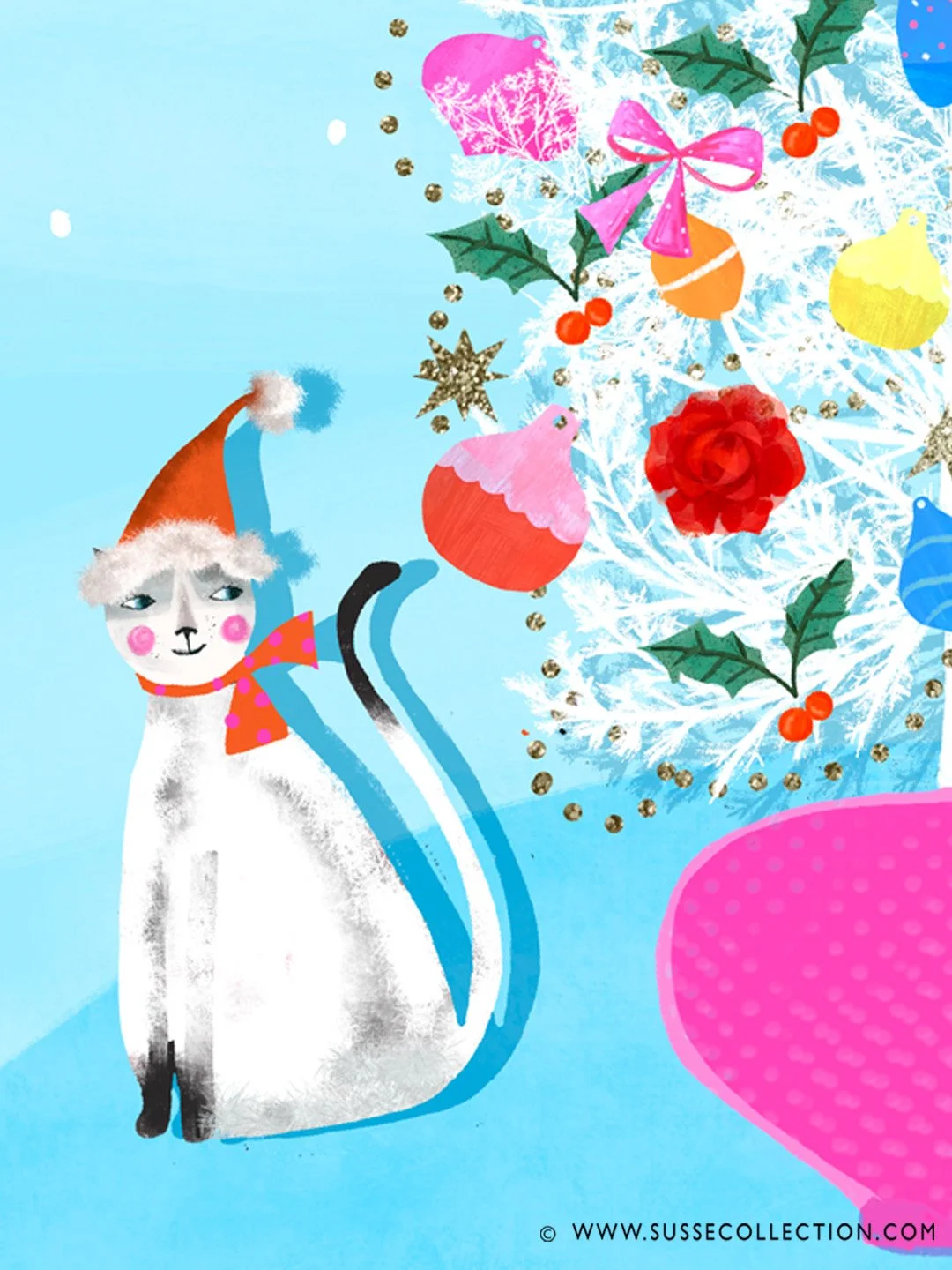 A photograph of a colourful illustration of a cat and mid century Christmas Tree.