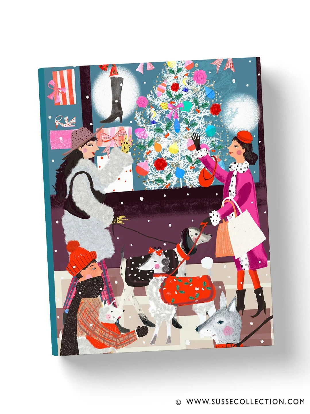 A photograph of an illustration of fashion people Christmas shopping with their dogs. on a book cover