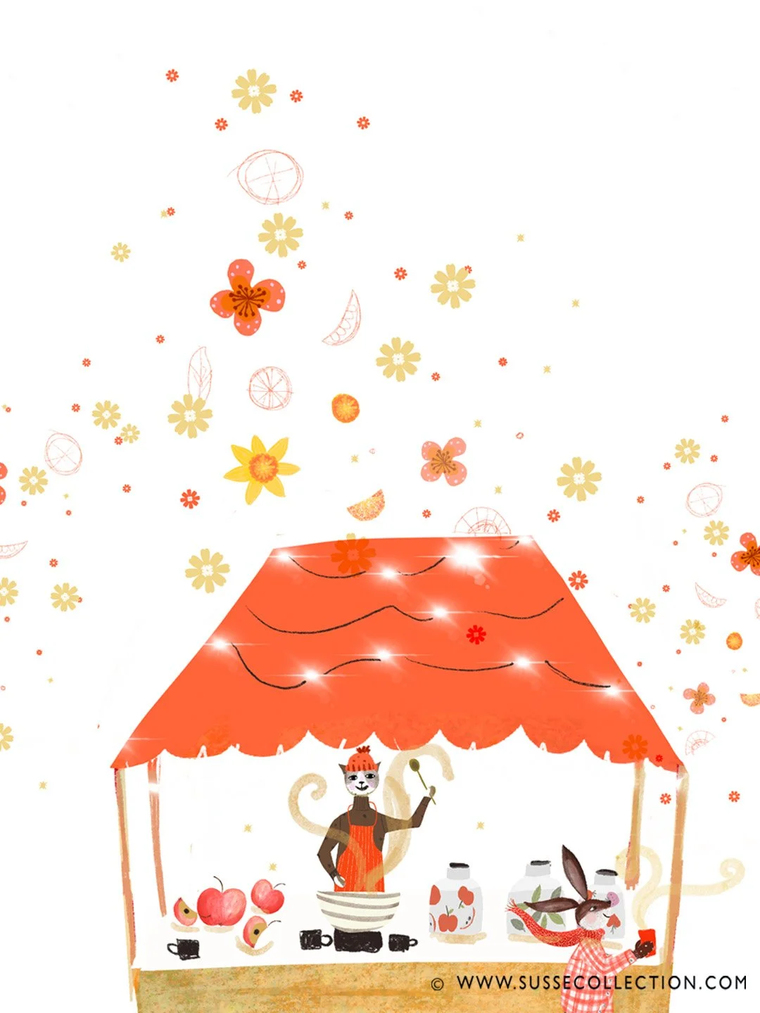 A photograph of an illustration of a Christmas market with cute animals.