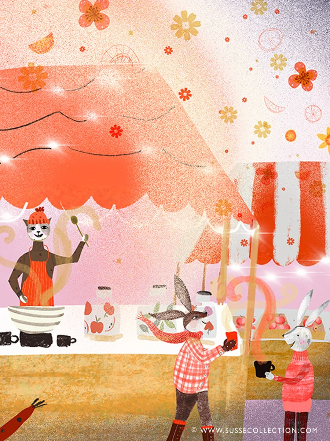 A photograph of an illustration of a Christmas market with cute animals. detail