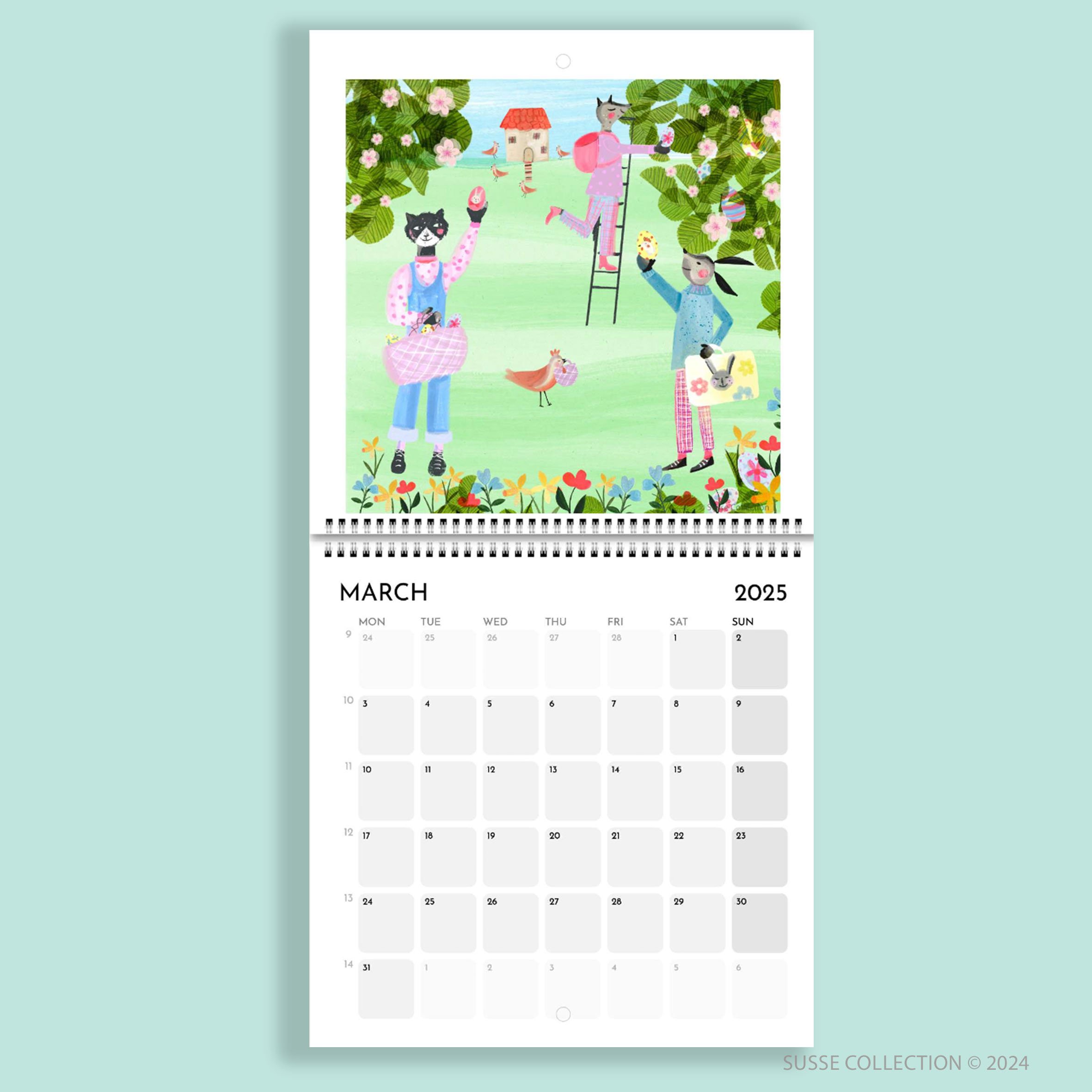 Square Wall Calendar March page by illustrator Susse Linton for Susse Collection.