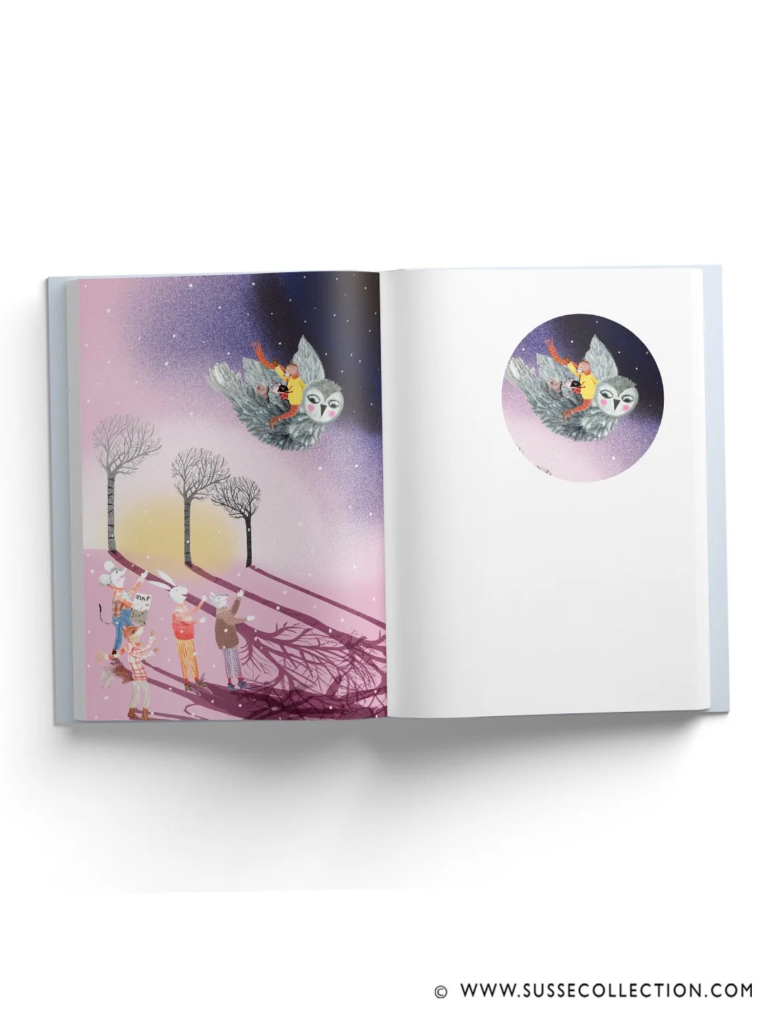 A photogrpah of an illustration showing a winter scene of an owl flying in the night sky bookspread