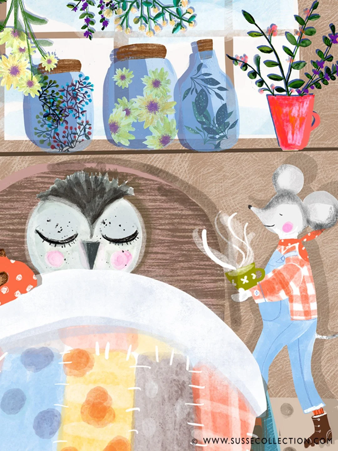 A photograph of an illustration of cute animals nursing a sick owl in bed