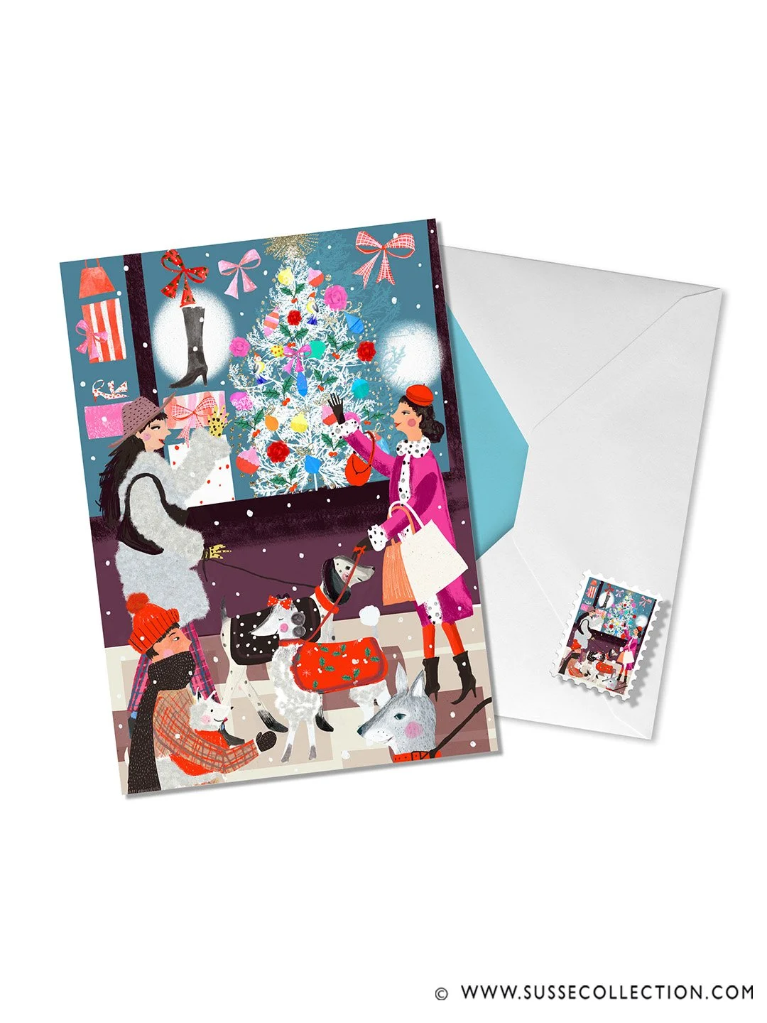A photograph of an illustration of fashion people Christmas shopping with their dogs. on a greeting card