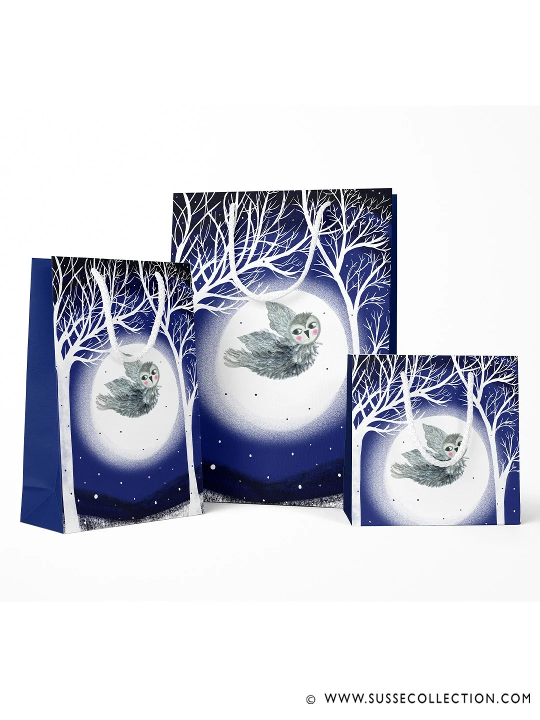 A photograph of a Tawny owl flying in a winer forest. on gift bags