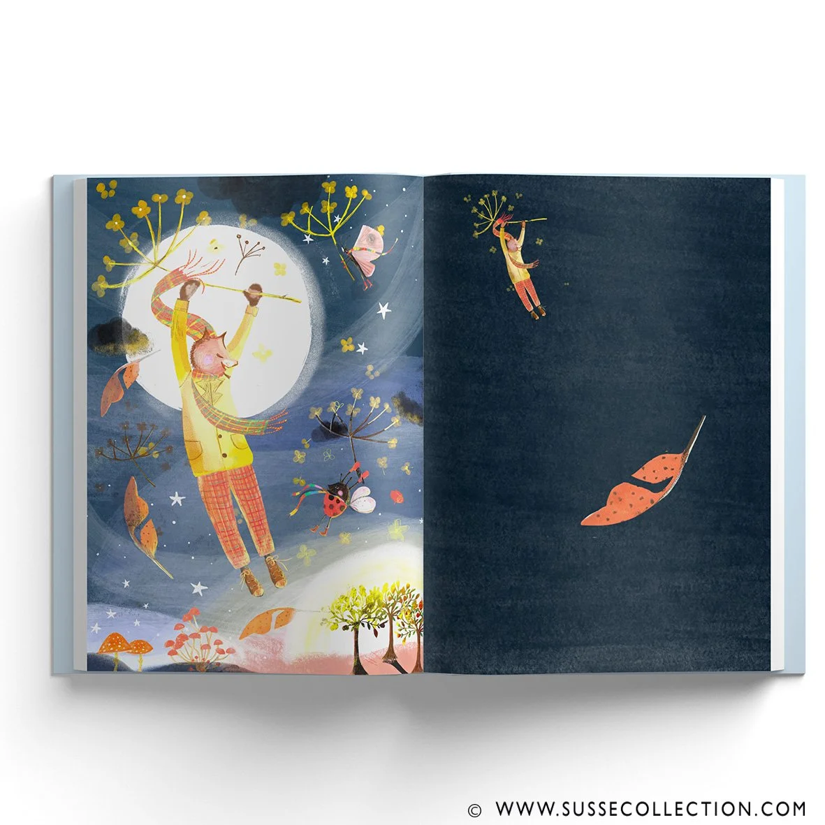 A photgraph of an illustration of a squrriel in teh moonlight as a book spread by illustrator Susse Linton