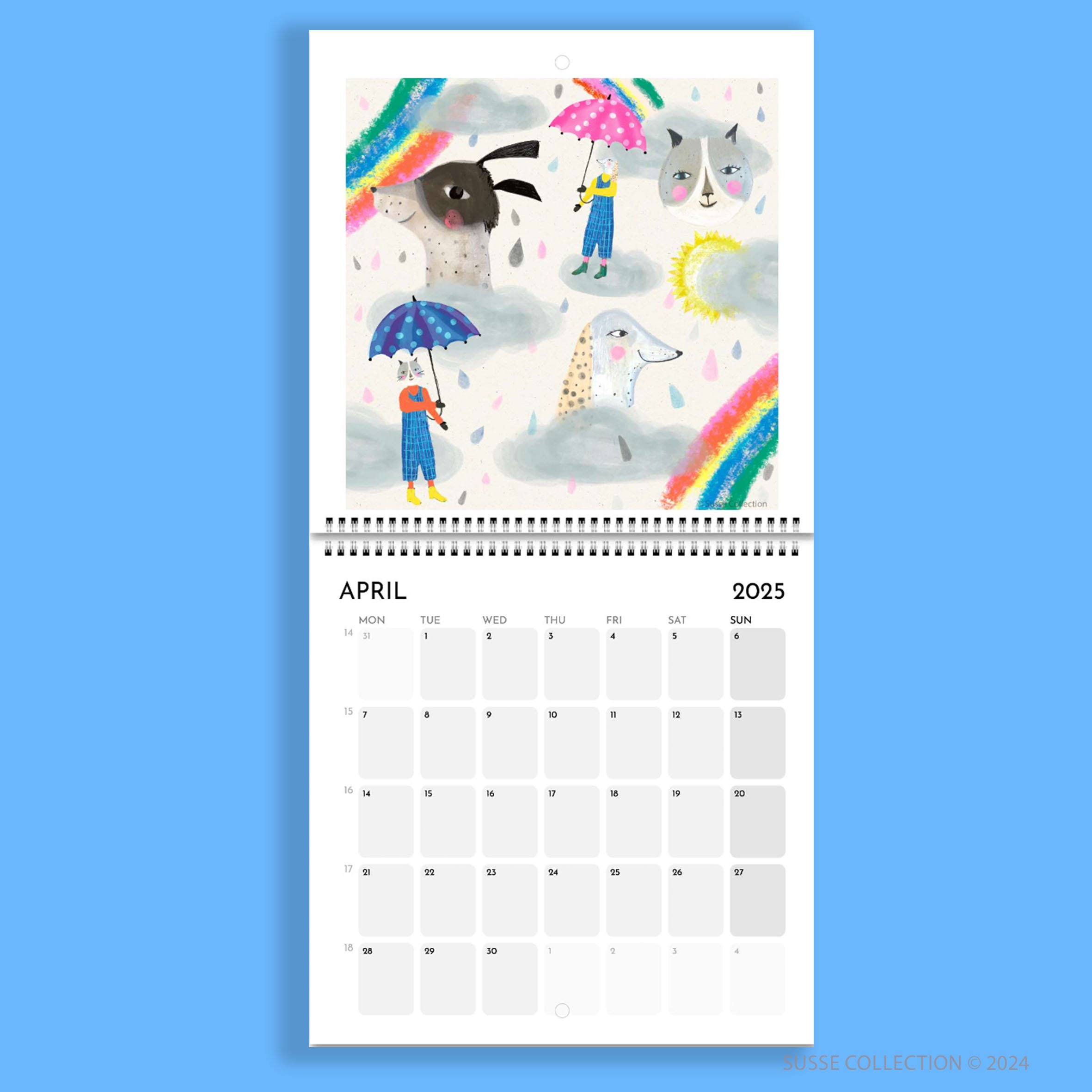 Square Wall Calendar April page by illustrator Susse Linton for Susse Collection.
