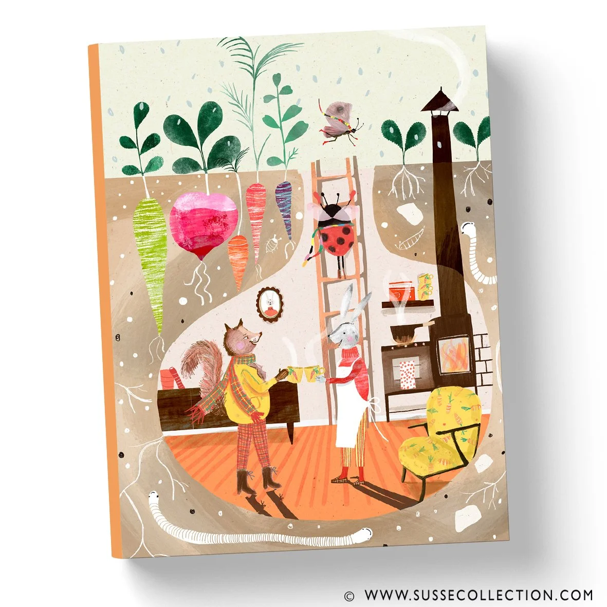 A photograph of an illustration on a book cover with animals drinking soup by illustrator Susse Linton