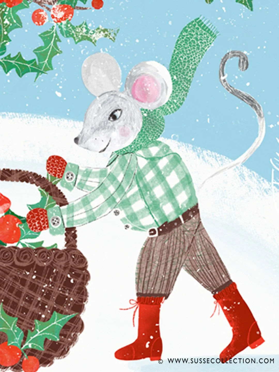A photograph of an illustration fo a rabbit and mouse gathering holly in a winter snow scene. detail