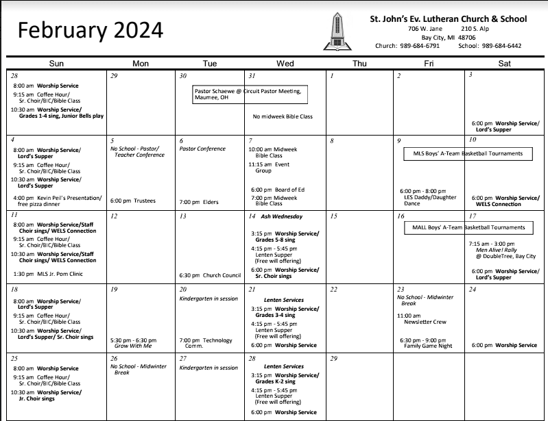 St. John's Church and School Calendar — Saint John's Lutheran Church