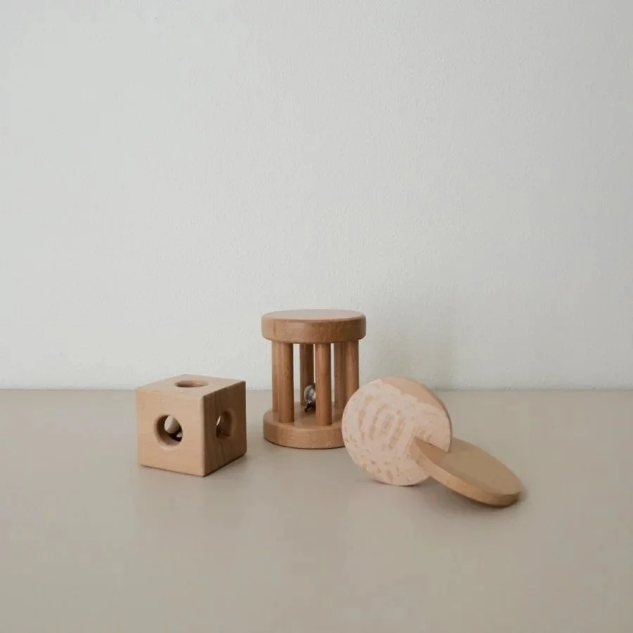 Encourage your baby&rsquo;s sensory development with our vintage inspired wooden activity set. Made from smooth, beech wood, each toy is designed for little hands to easily grasp, shake, and explore. #betonstudios