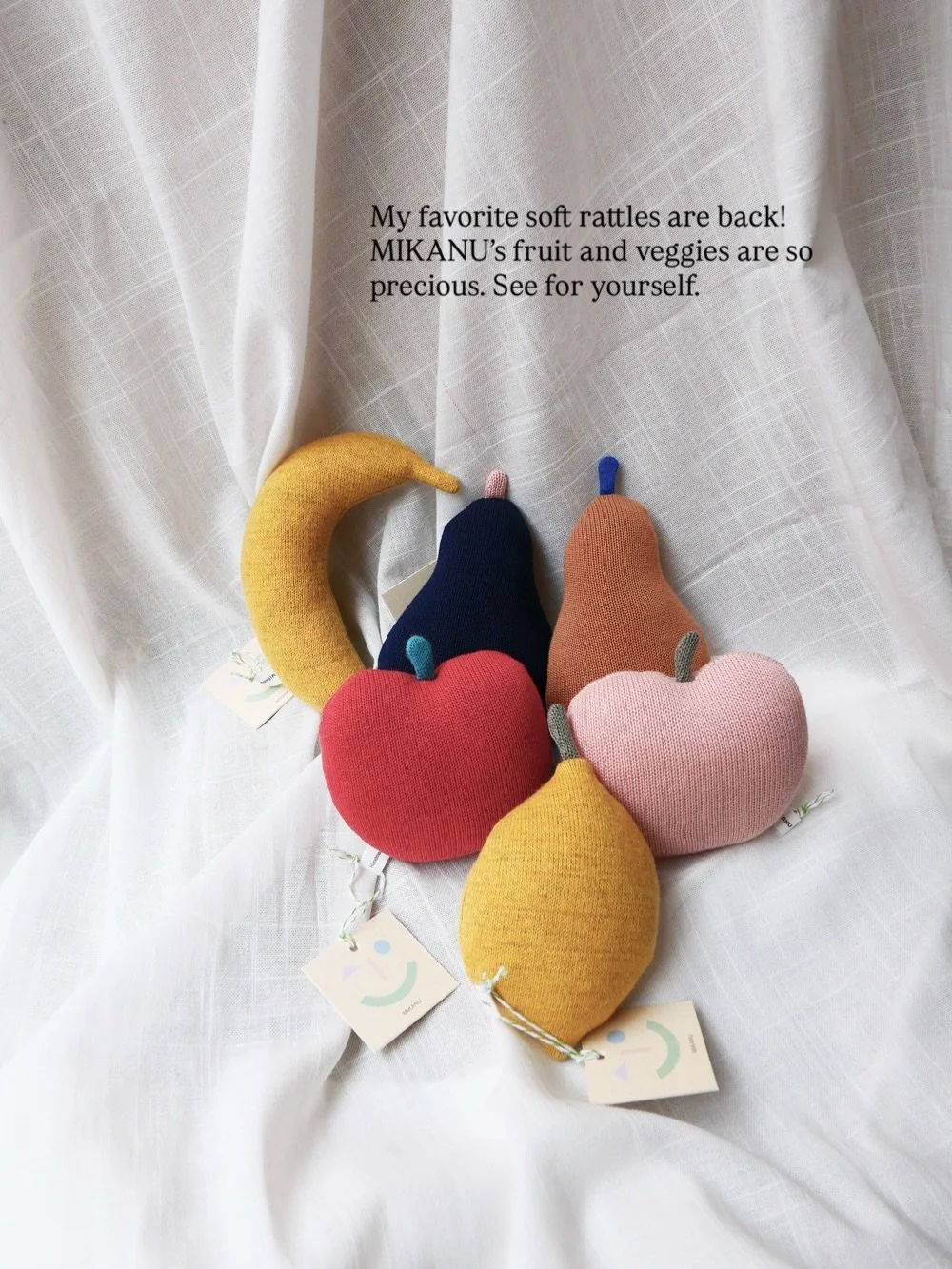 Online now! The beautiful handmade @mikanueverydaybag rattles with a soft bell inside 🍎🍐🍌🍋🥕🫜
