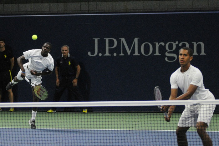 Francis Tiafoe (left) and Michael Mmoh (right) made their doubles debut in the professional circuit representing USA at the 2014 US Open and extended their journey to the second round. Photo by: Mike Lawrence // USopen.org