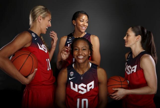 Women's basketball team members Elena Delle Donne (L-R), Tamika Catchings, Candace Parker, and Sue Bird prepare to pose for a portrait at the U.S. Olympic Committee Media Summit in Beverly Hills, Los Angeles, California March 9, 2016. REUTERS/Lucy Nicholson