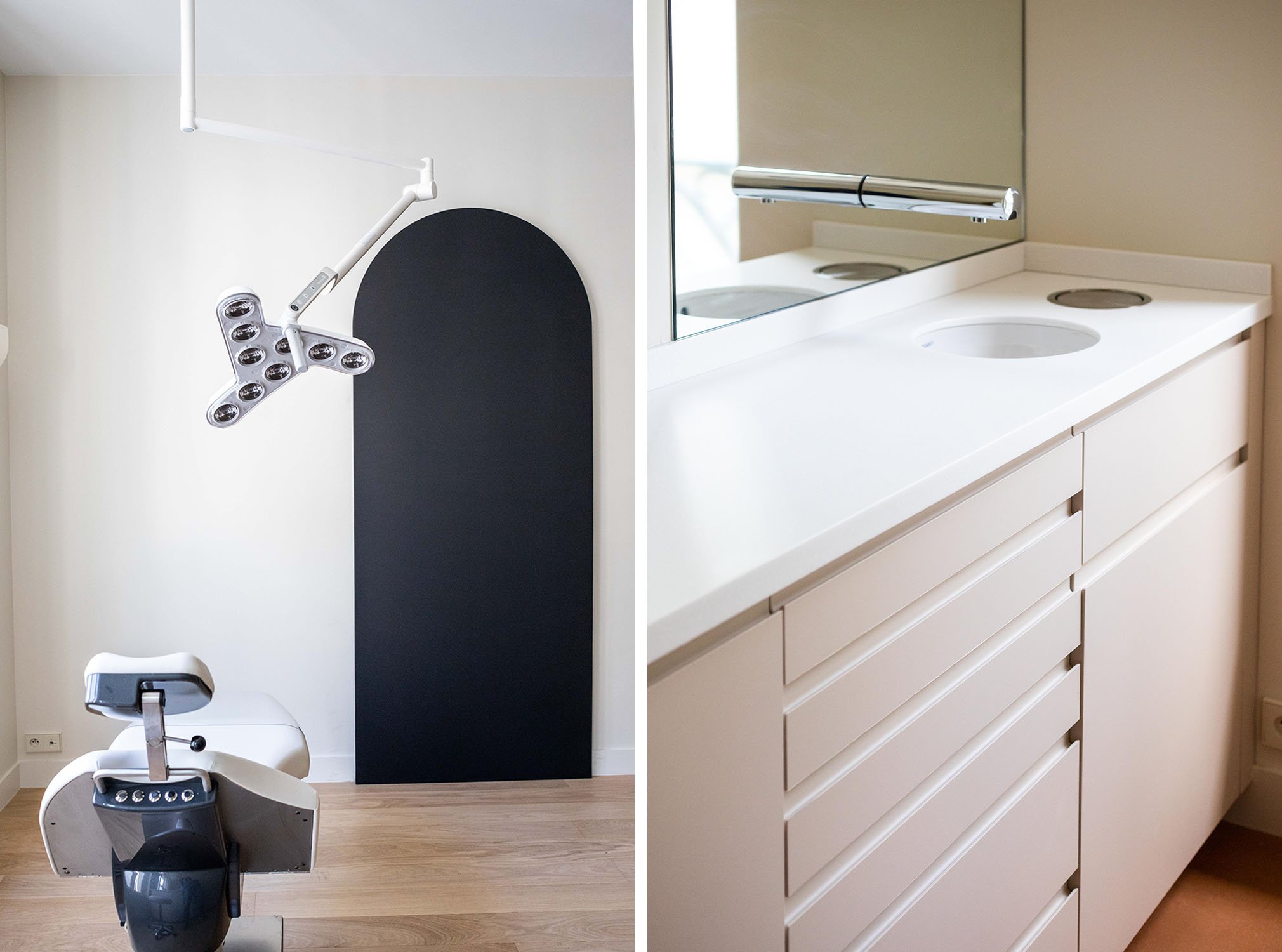 Aménagement d’un cabinet de chirurgie maxillo-faciale et stomatologie rue Chateaubriand, Paris 3 salles de consultation, 2 salles de soins, 1 salle de radiologie, 1 salle de stérilisation Maîtrise d’œuvre complète | 170 m² | 2025 © Nathalie Baete
