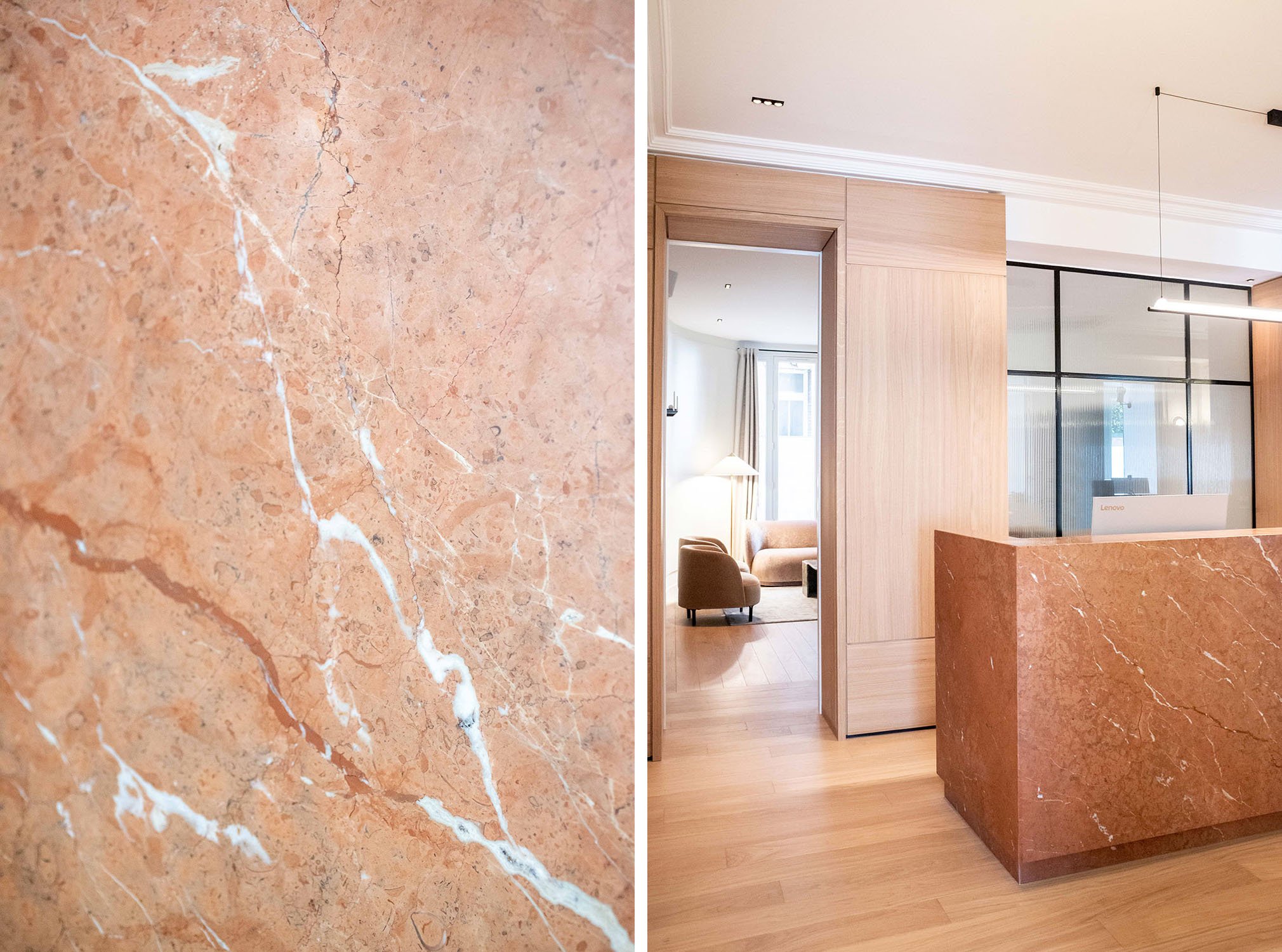 Aménagement d’un cabinet de chirurgie maxillo-faciale et stomatologie rue Chateaubriand, Paris 3 salles de consultation, 2 salles de soins, 1 salle de radiologie, 1 salle de stérilisation Maîtrise d’œuvre complète | 170 m² | 2025 © Nathalie Baete