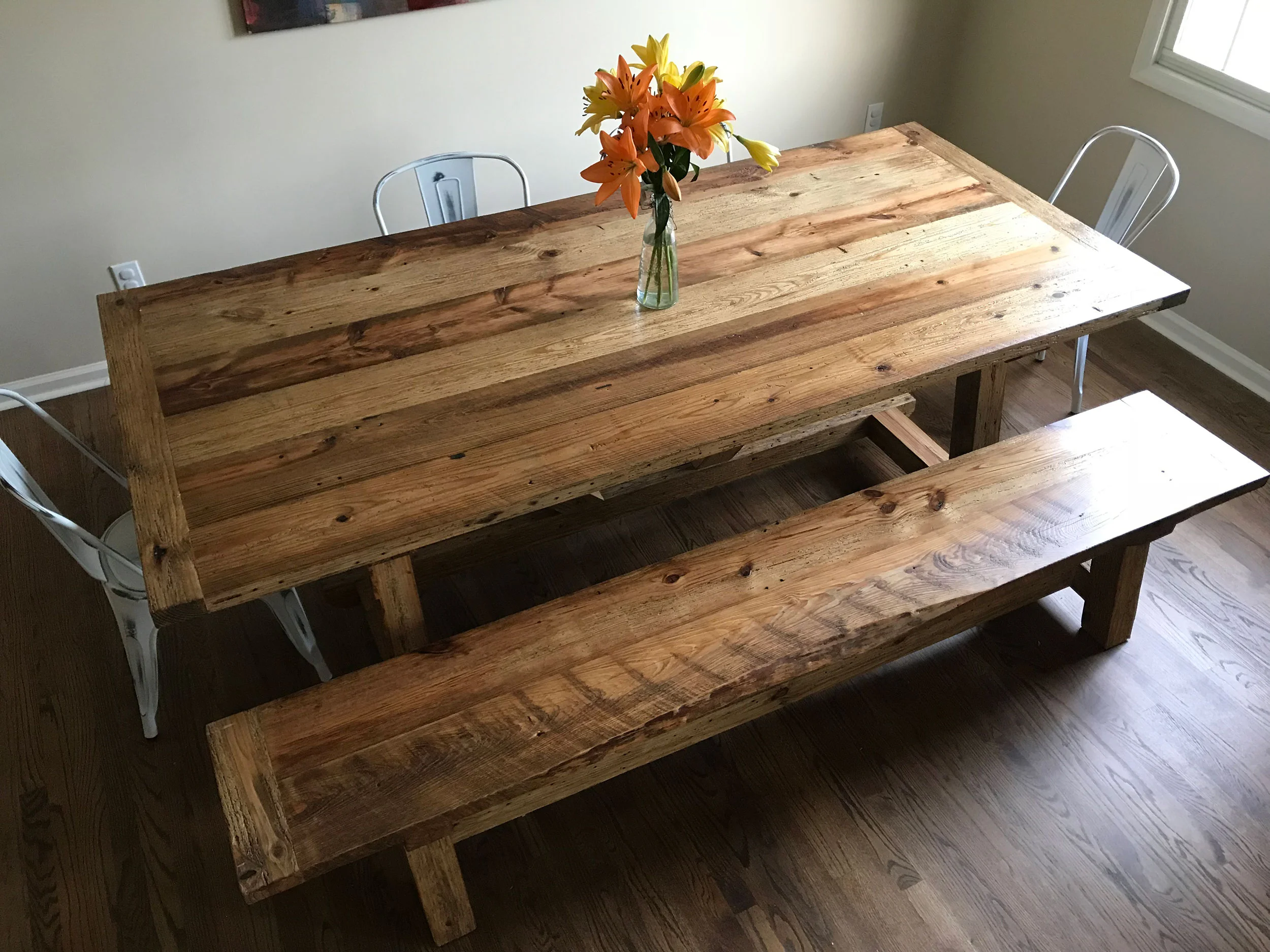 Reclaimed Dining Table & Live Edge Bench