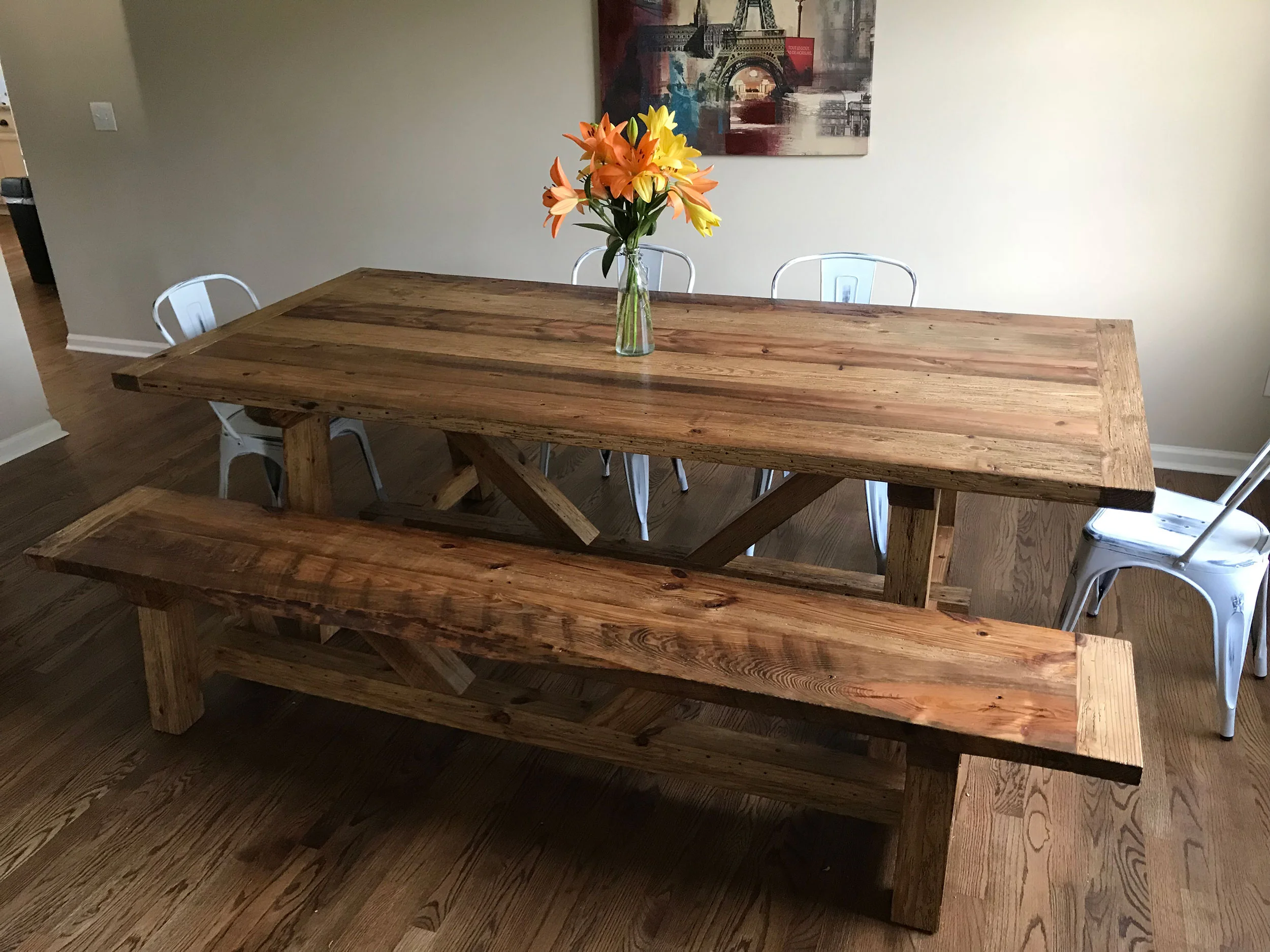 Reclaimed Dining Table & Live Edge Bench
