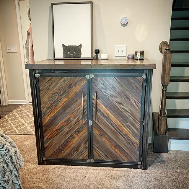 So stunning!! This purpose-built piece is the perfect example of custom handcrafted furniture!! This buffet style cabinet was designed to house the clients kitty litter box and also have storage. Metal and reclaimed wood was our go to for this one. W