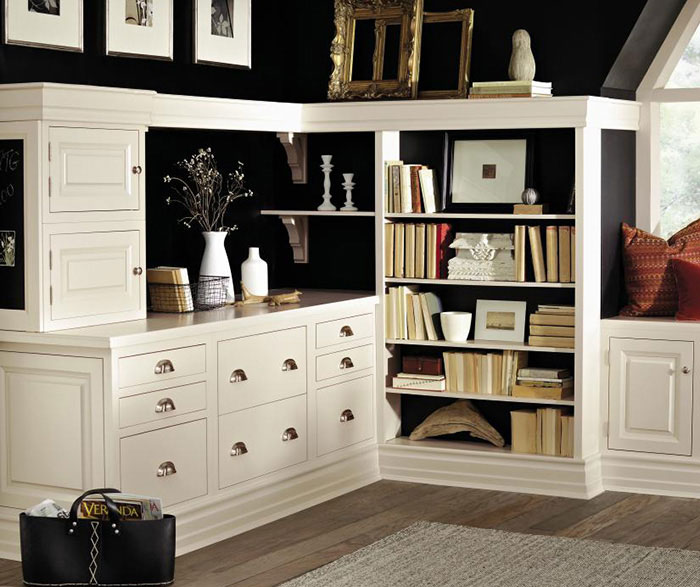 With a nod to classic design, storage is created to organize files, office supplies, and charging stations while a door hides router and cables. 