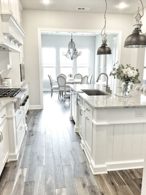 White Kitchens Anything But Boring, White Kitchen With Grey Hardwood Floors