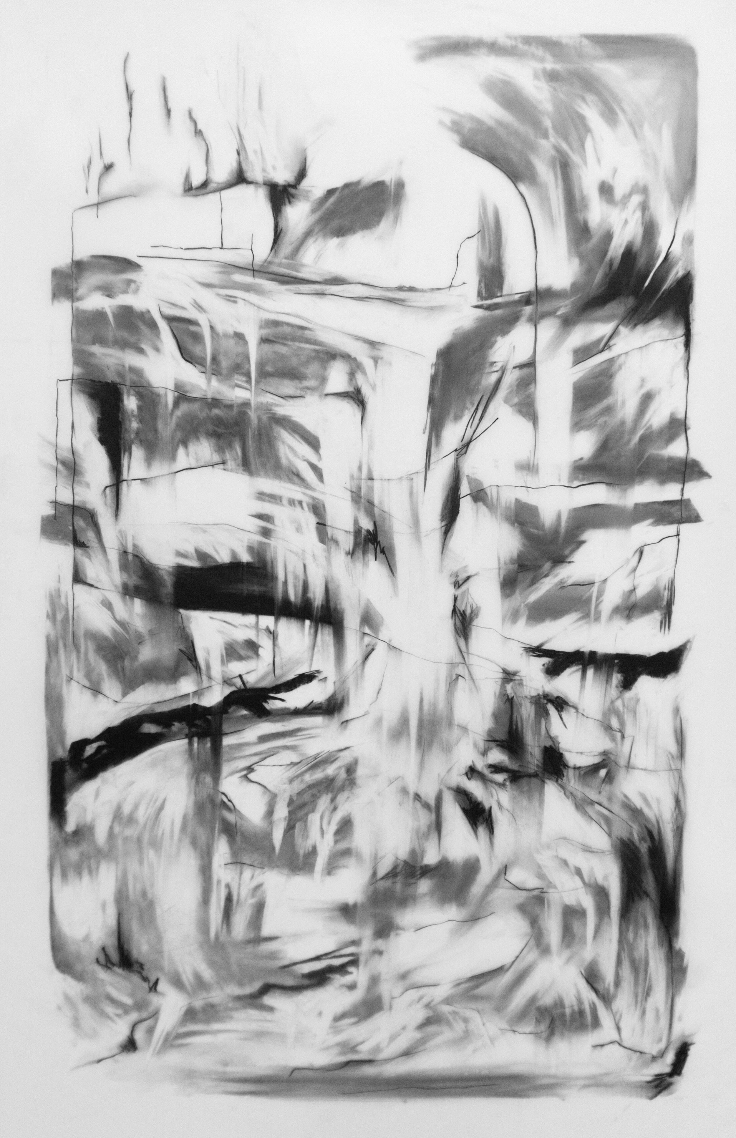   “Submerge”   24” x 36”, charcoal on vellum/framed in maple  2021,  sold  