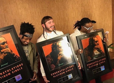 Rapper/Singer Songwriter Post Malone's debut album "Stoney" went certified platinum April 12th, 2017. Singles off the album "Congratulations" and "White Iverson" also certified platinum in March and April 2017 respectively.