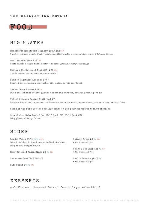 Our Menu — The Railway Inn Botley - Pub & Restaurant - Southampton