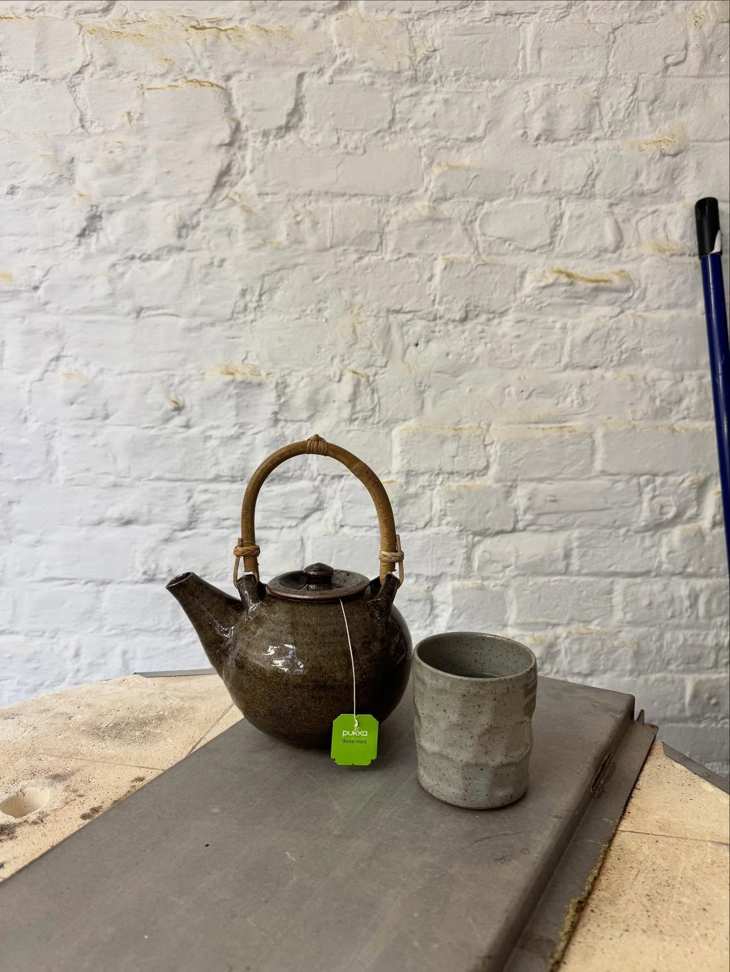 Tuesday teapot. This one (a favourite) was woodfired @oxfordkilns using a high iron-content celadon glaze and the beaker also reduction fired but in a gas kiln, using a tin glaze which I don&rsquo;t think I&rsquo;ll use again because it ended up a li